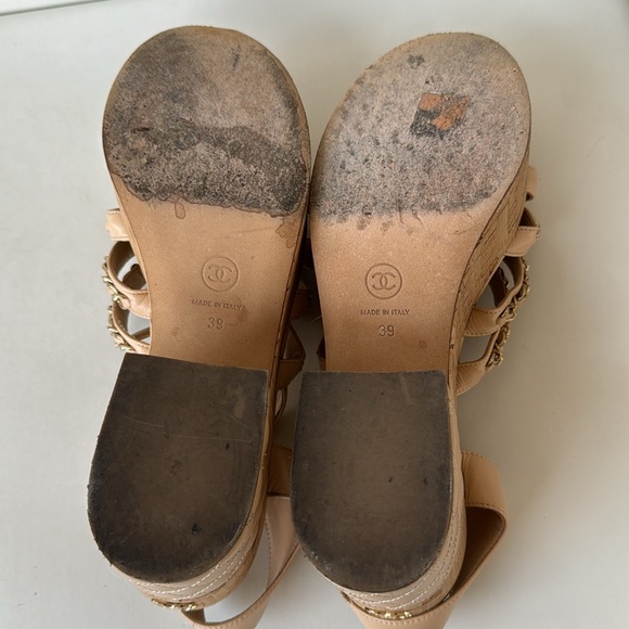 Chanel Beige Leather Chain Detail Ankle Strap Platform Sandals - Picture 6 of 6